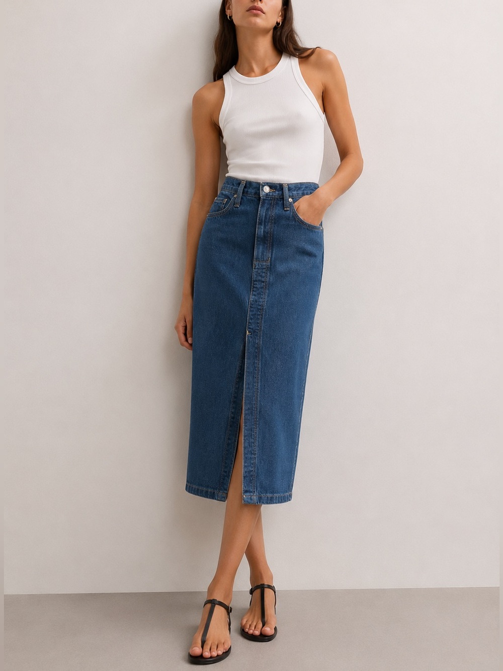 NWT MANGO Denim Blue Pencil Midi Skirt Size XXS Waist 27”